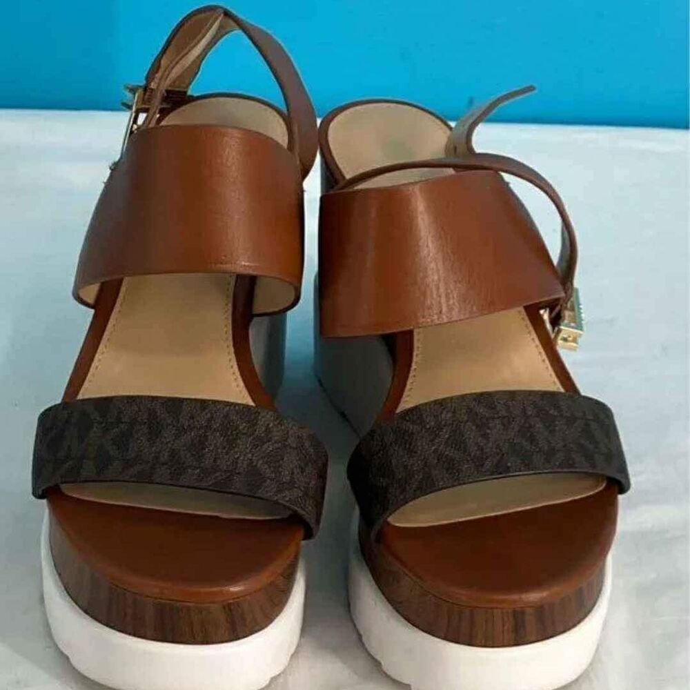 MICHAEL KORS MK Women's White and Brown Rubber Soled Platform Wedge Sandals 6.5M